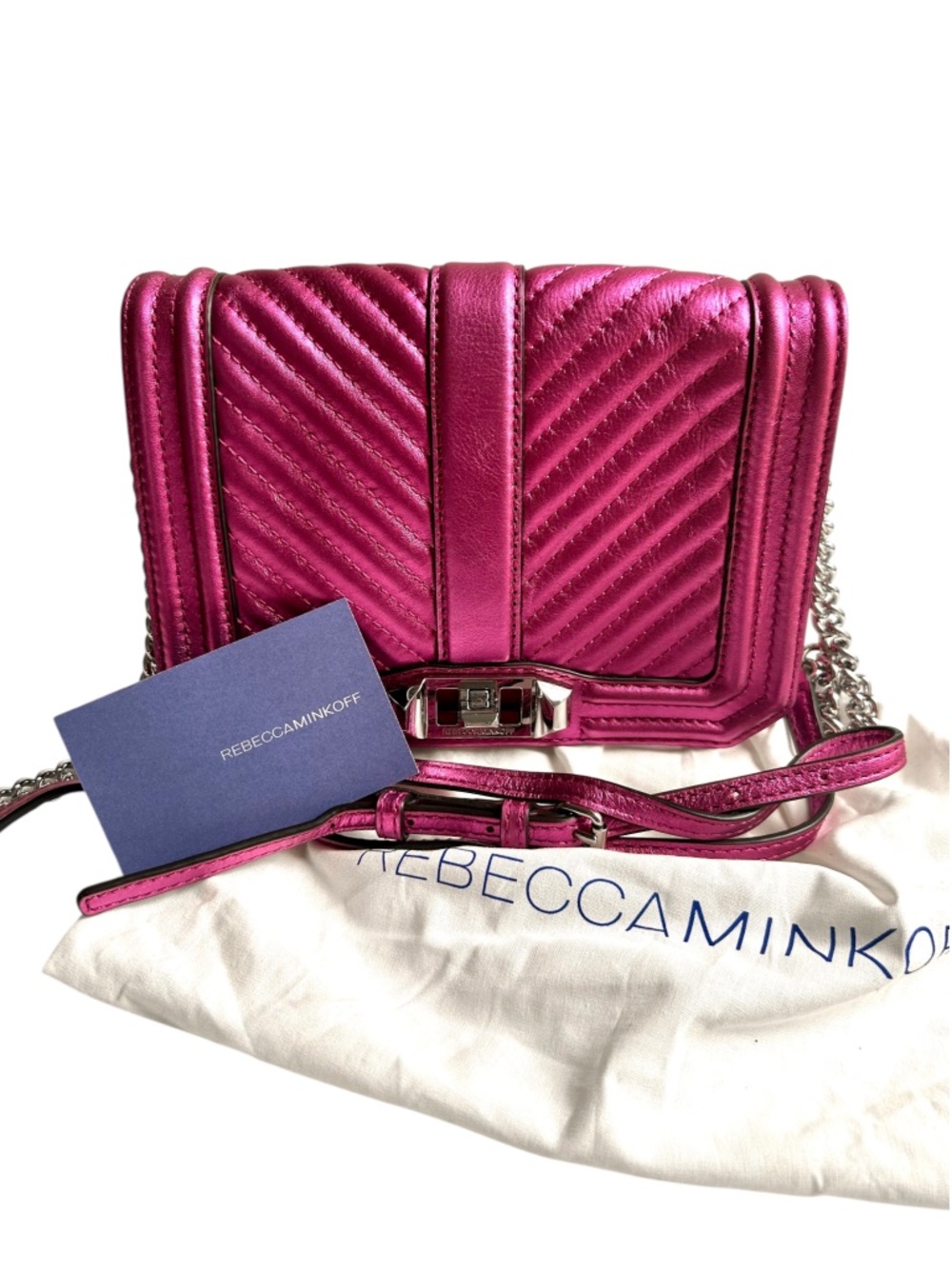 NWOT Rebecca Minkoff Love Metallic Pink Quilted Leather Crossbody Bag Dust Bag